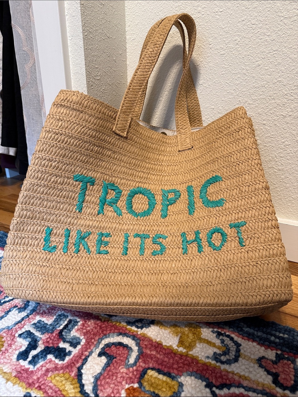 Straw Tote with Teal 'Tropic Like It's Hot' Embroidery - Picture 1 of 1